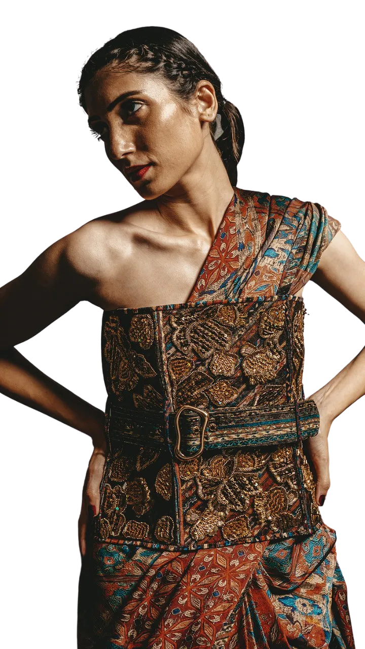 Tapestry Printed Pre-Draped Tasseled Sari with Baroque Corset