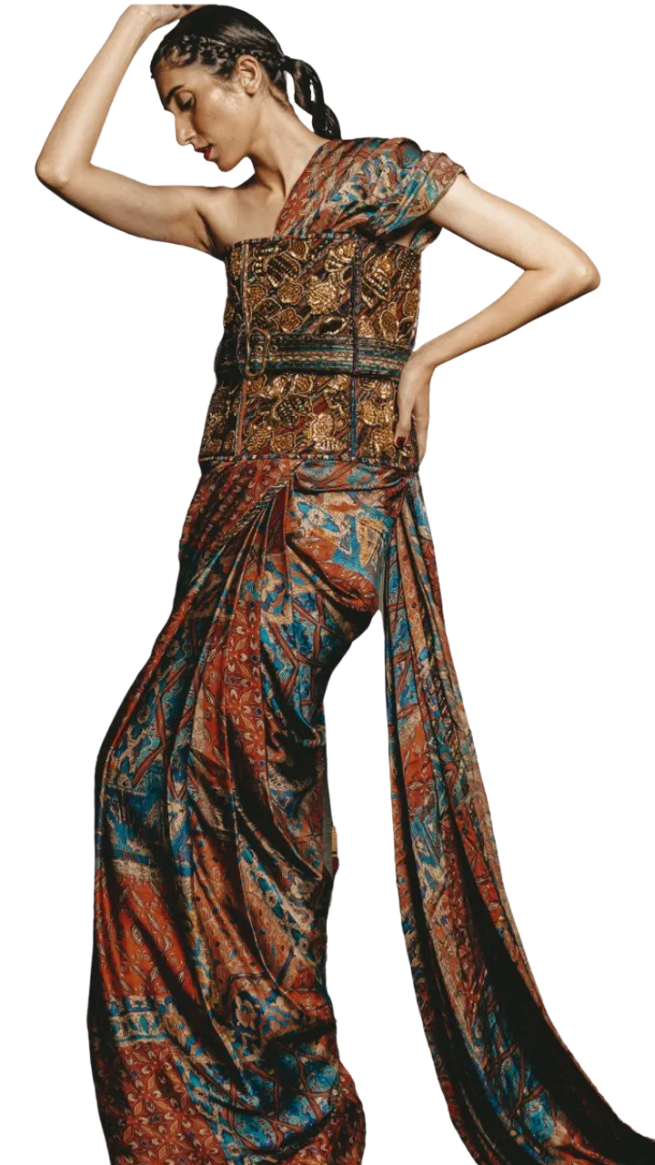 Tapestry Printed Pre-Draped Tasseled Sari with Baroque Corset