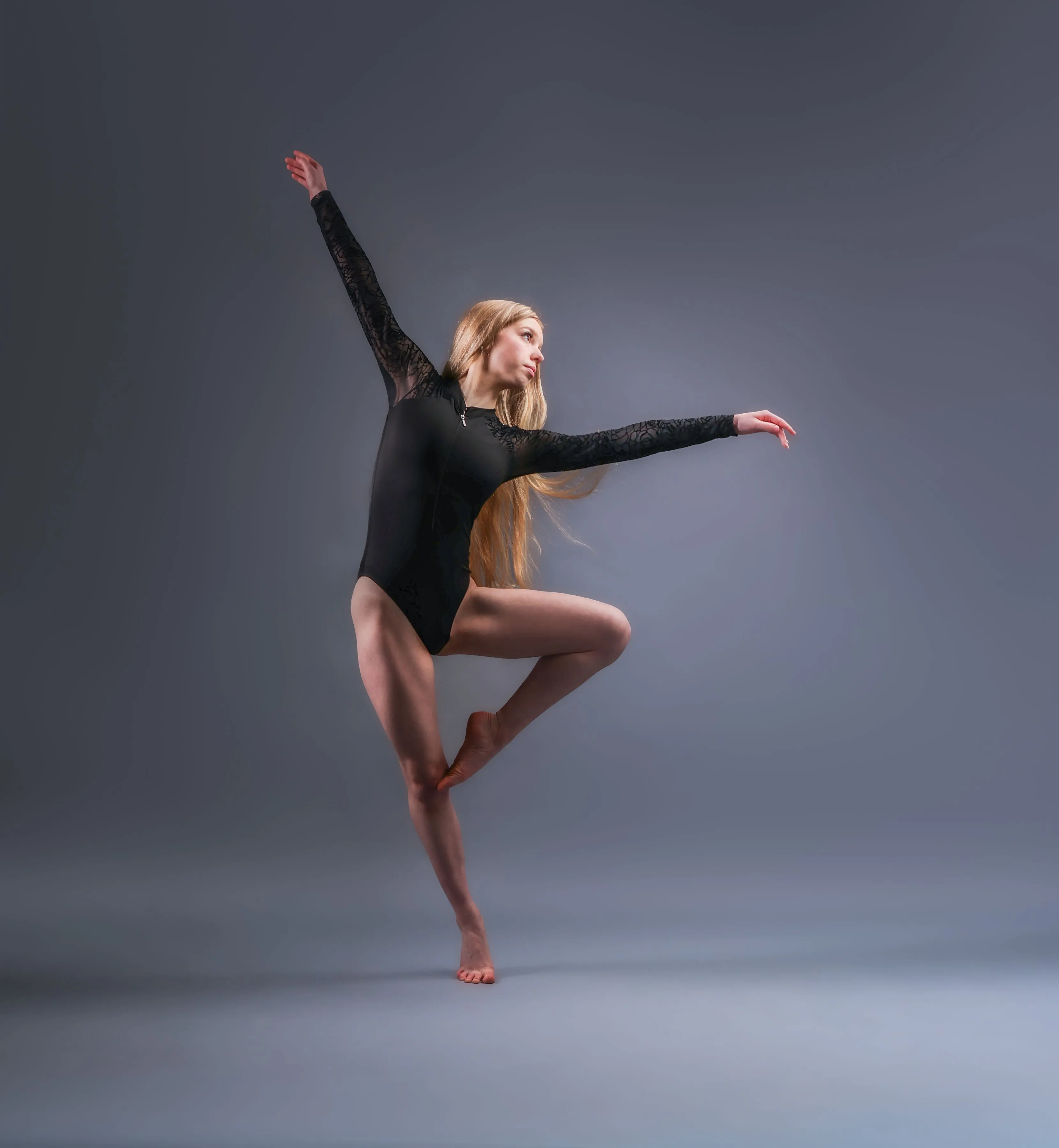 The Florence Leotard - Flocked long sleeve zip front - BLACK