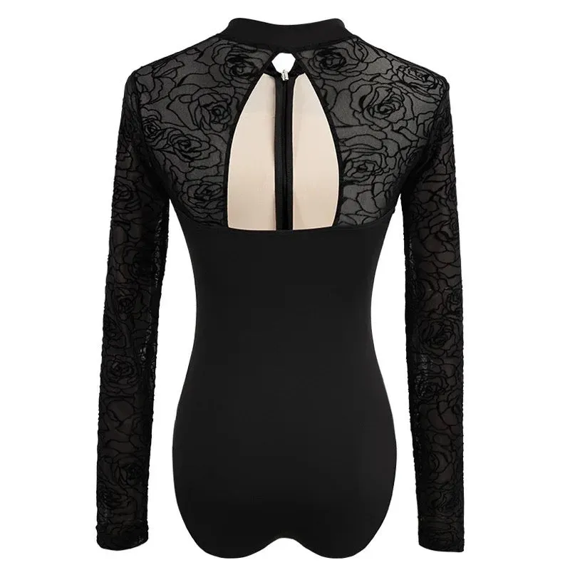 The Florence Leotard - Flocked long sleeve zip front - BLACK