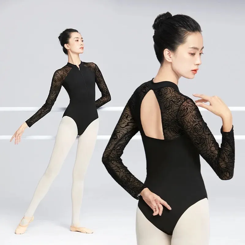 The Florence Leotard - Flocked long sleeve zip front - BLACK