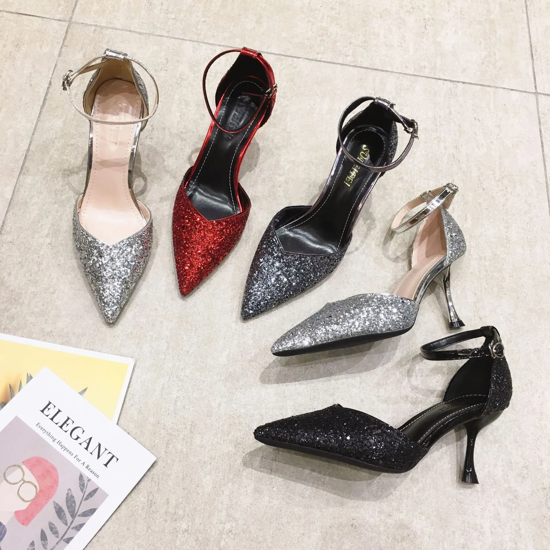 Thin heel hollow pointed wedding shoes