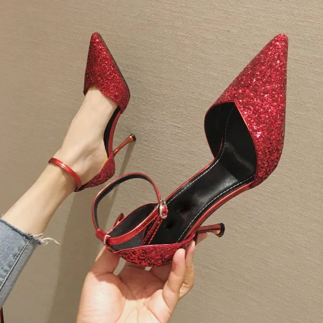 Thin heel hollow pointed wedding shoes