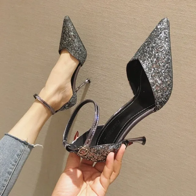 Thin heel hollow pointed wedding shoes