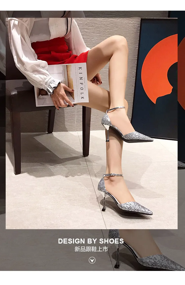 Thin heel hollow pointed wedding shoes