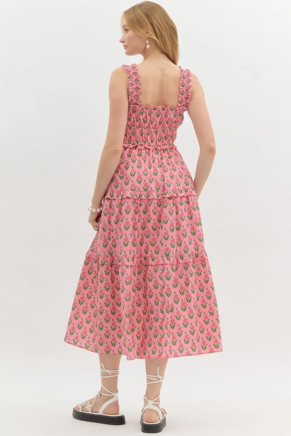 Tiered Floral Accented Midi Dress {Pink}