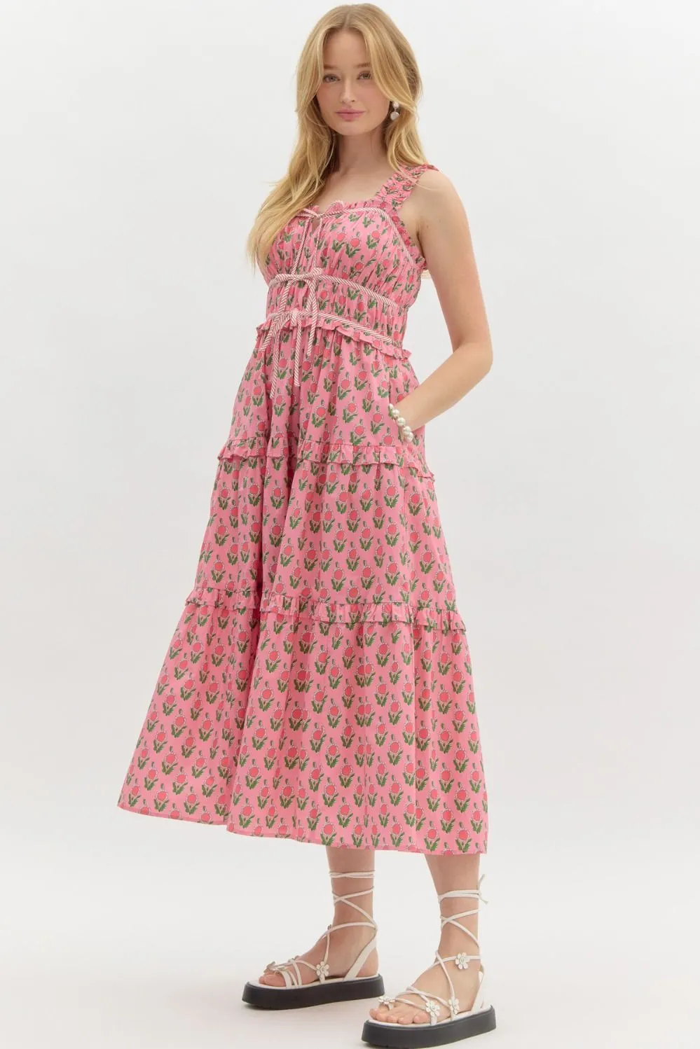 Tiered Floral Accented Midi Dress {Pink}