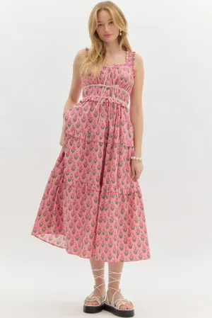 Tiered Floral Accented Midi Dress {Pink}