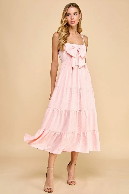 Tiered Front Bow Accent Midi Dress
