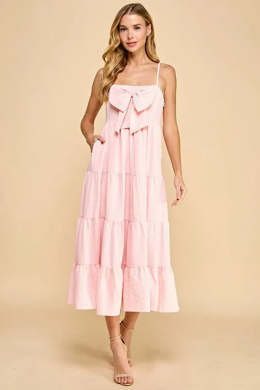 Tiered Front Bow Accent Midi Dress