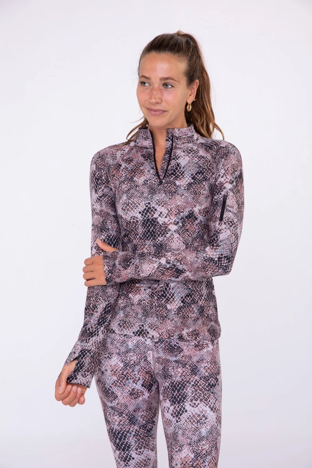 Tonya Snake Print Half-zip Pullover with Thumb Holes