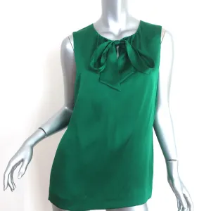 Tory Burch Pussy Bow Blouse Green Silk Satin Size 10 Sleeveless Top