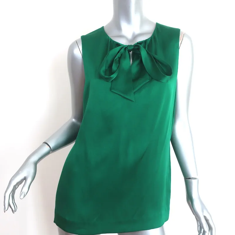 Tory Burch Pussy Bow Blouse Green Silk Satin Size 10 Sleeveless Top