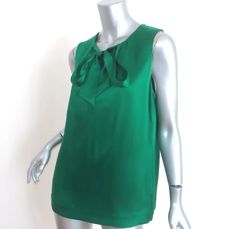 Tory Burch Pussy Bow Blouse Green Silk Satin Size 10 Sleeveless Top