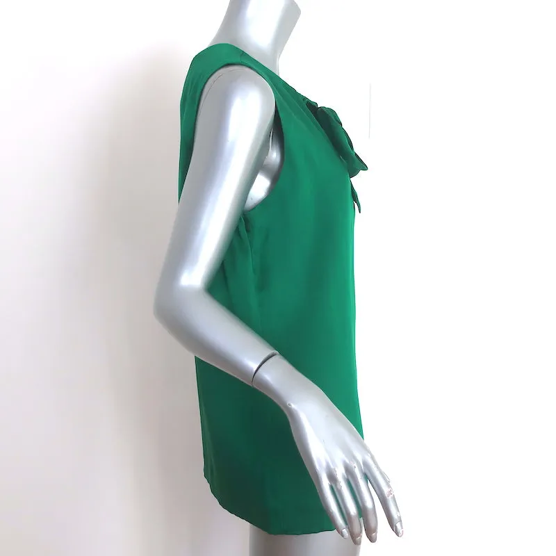 Tory Burch Pussy Bow Blouse Green Silk Satin Size 10 Sleeveless Top