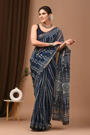 Trending Ink Blue Kota Doria Traditional Print Saree