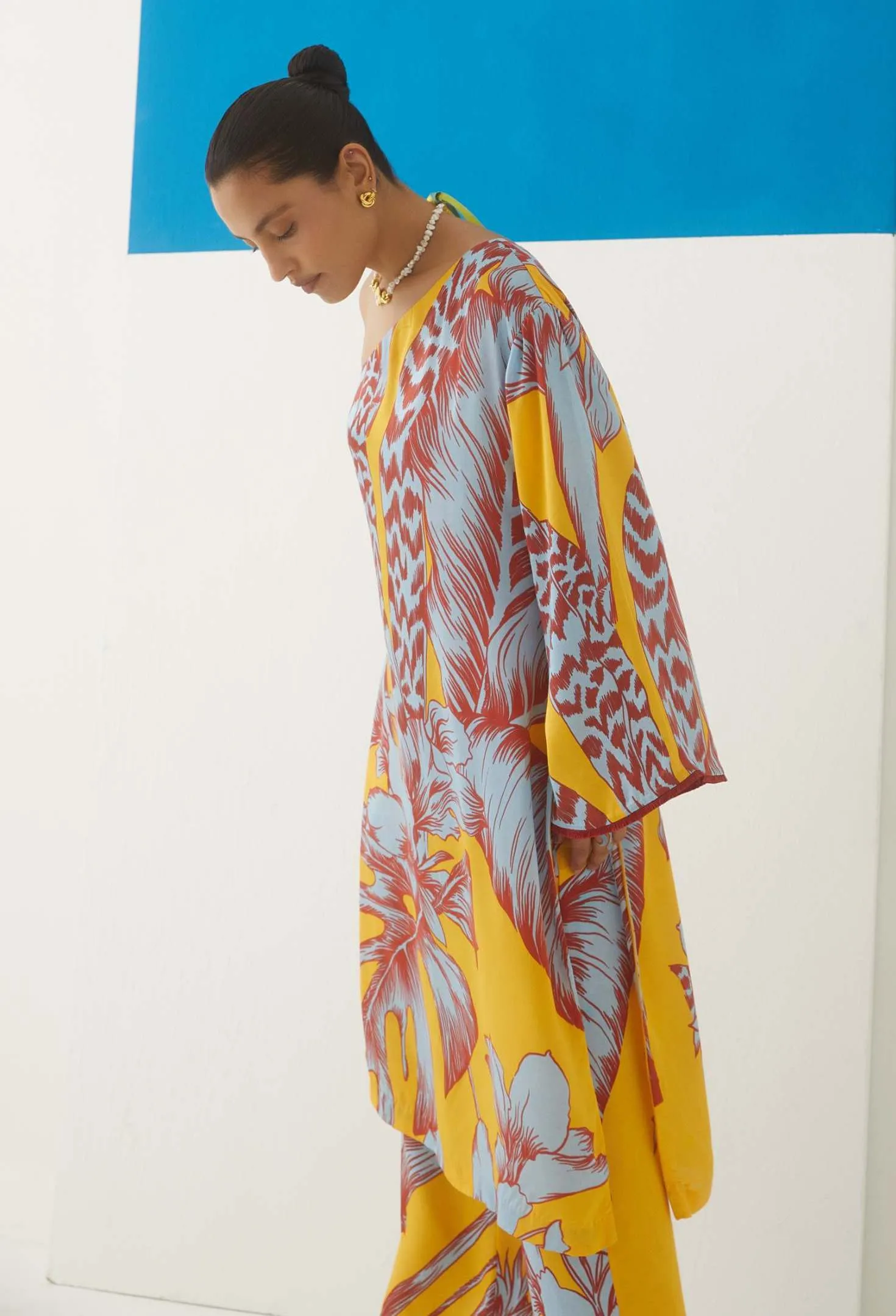 Tropical One Shoulder Kurta With Trousers