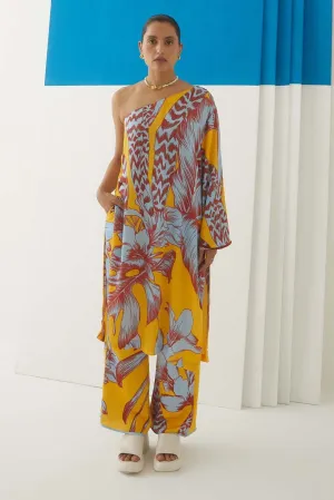Tropical One Shoulder Kurta With Trousers