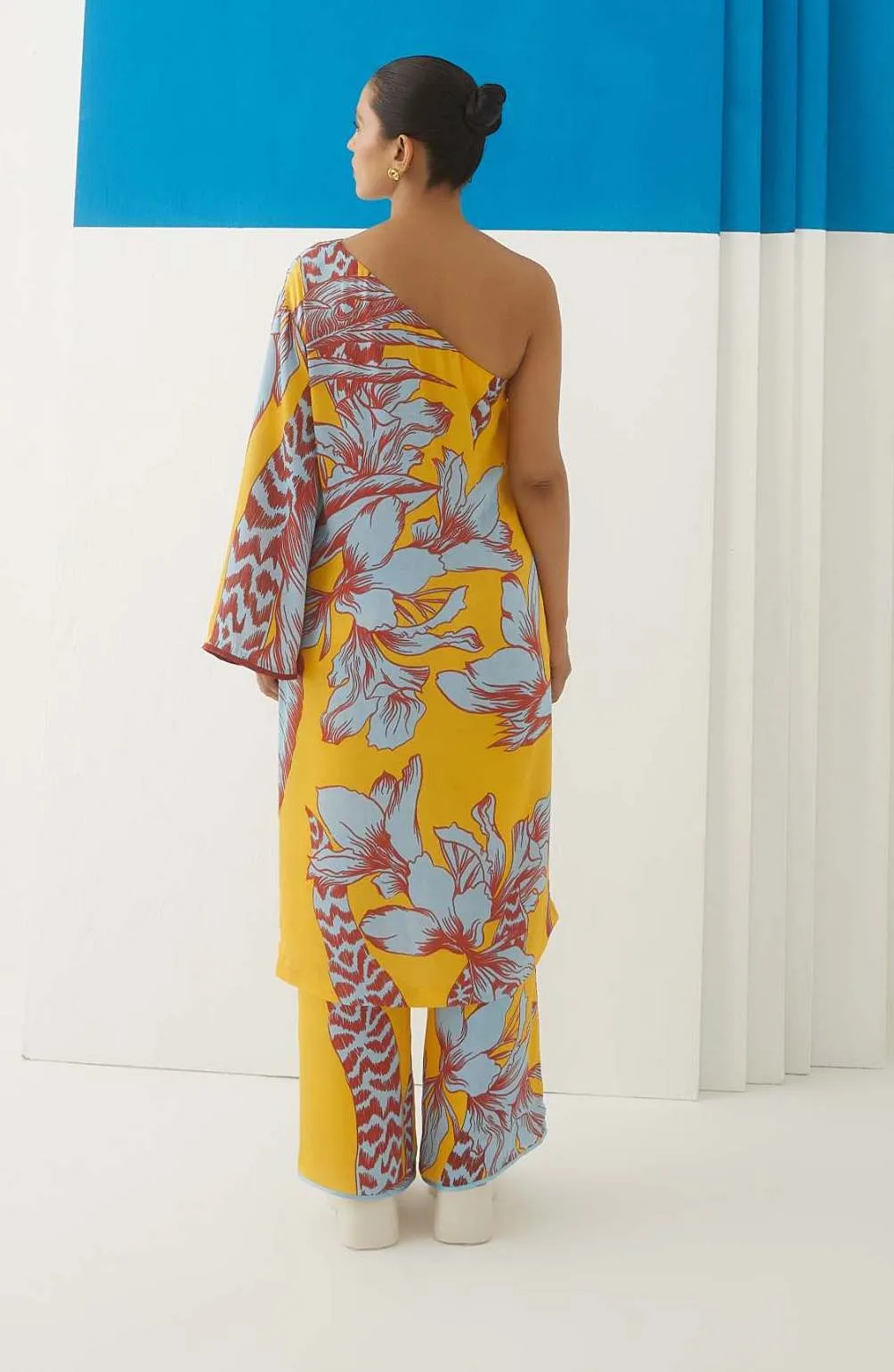 Tropical One Shoulder Kurta With Trousers