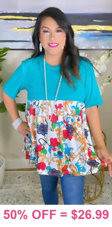 Turquoise Baby Doll Top with floral scroll print