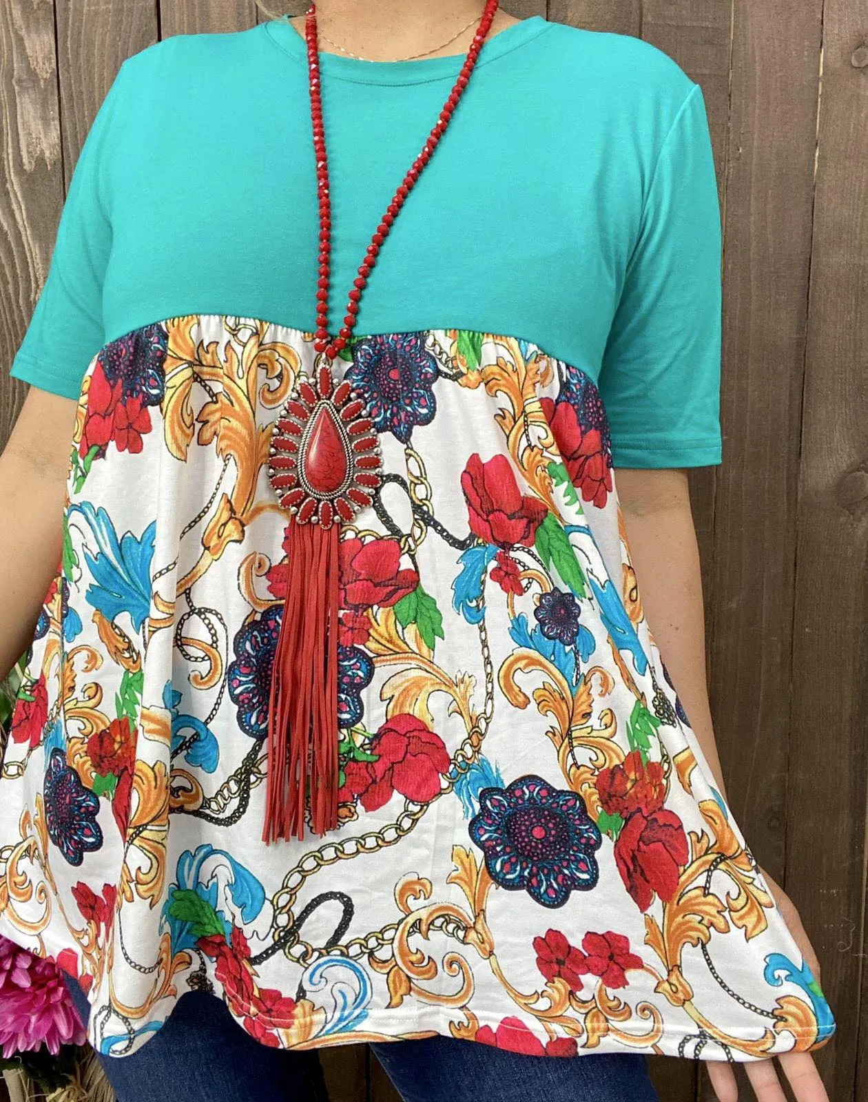 Turquoise Baby Doll Top with floral scroll print