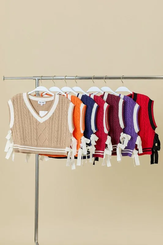 V Neck Sweater Vest With Stripes And Bow Details