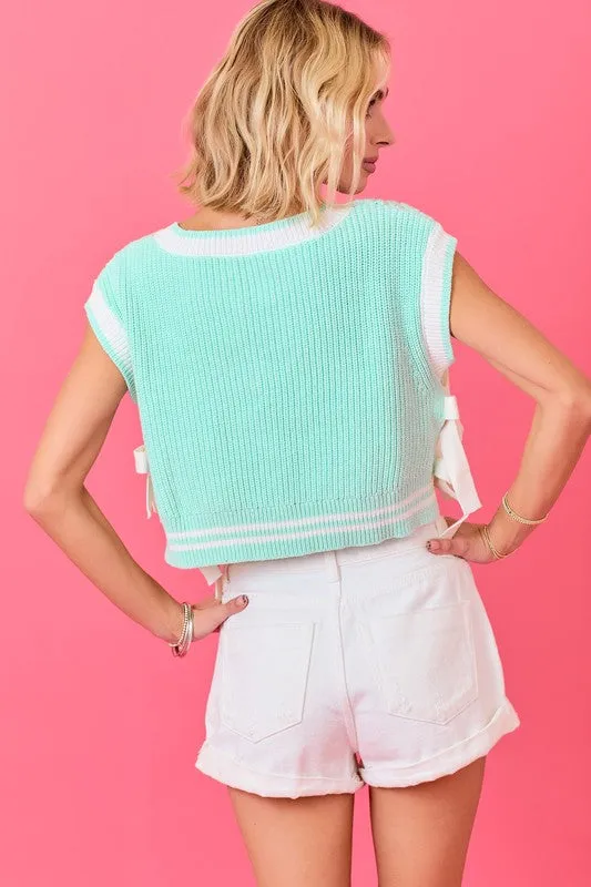 V Neck Sweater Vest With Stripes And Bow Details