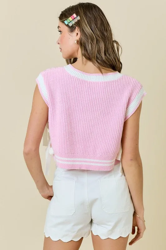 V Neck Sweater Vest With Stripes And Bow Details