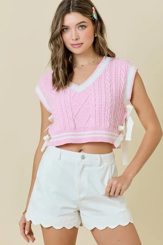 V Neck Sweater Vest With Stripes And Bow Details