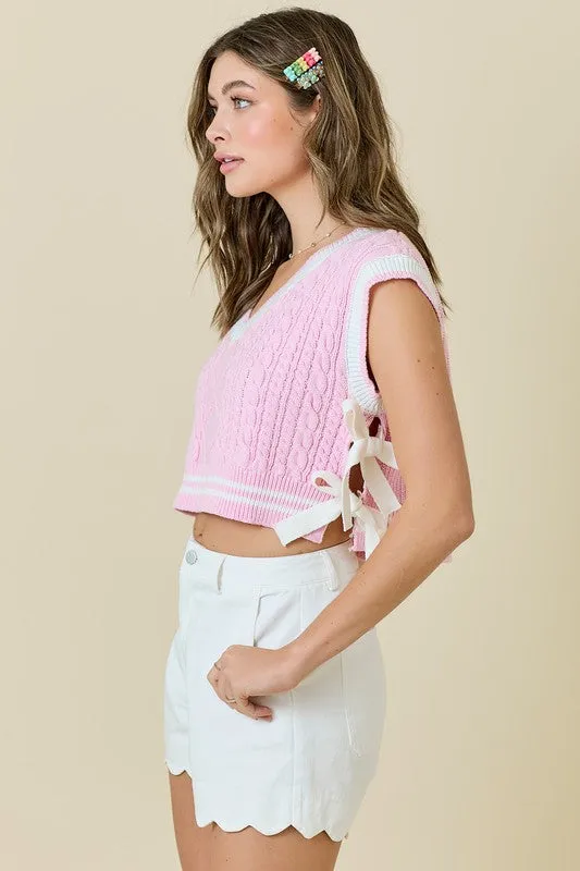 V Neck Sweater Vest With Stripes And Bow Details