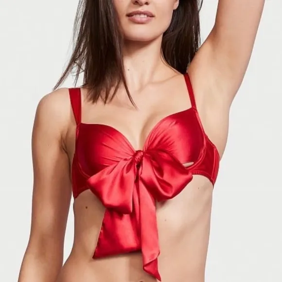 Victoria’s Secret Satin True Red Bow Cut Out Mesh Bra
