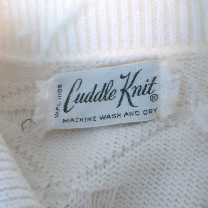 Vintage Cuddle Knit Fringed Bow Knit Cape Sweater Cream One Size