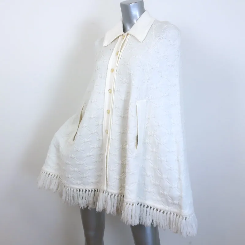 Vintage Cuddle Knit Fringed Bow Knit Cape Sweater Cream One Size