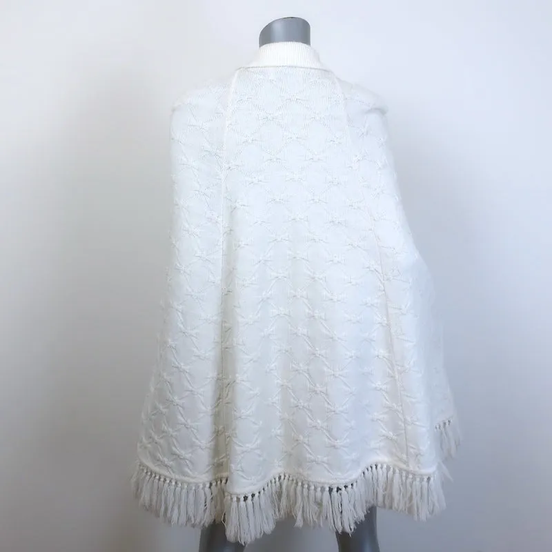 Vintage Cuddle Knit Fringed Bow Knit Cape Sweater Cream One Size