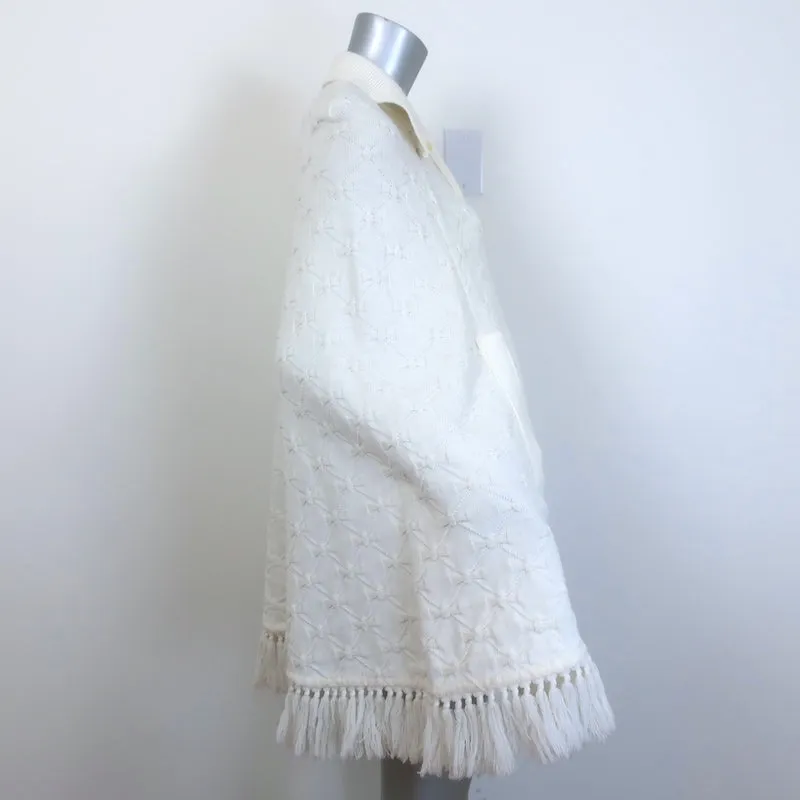 Vintage Cuddle Knit Fringed Bow Knit Cape Sweater Cream One Size