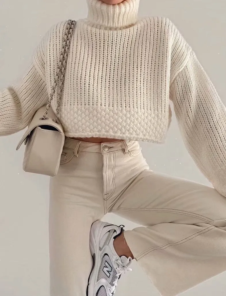 Vintage High Collar Hollow-out Lantern Sleeve Knit Sweaters