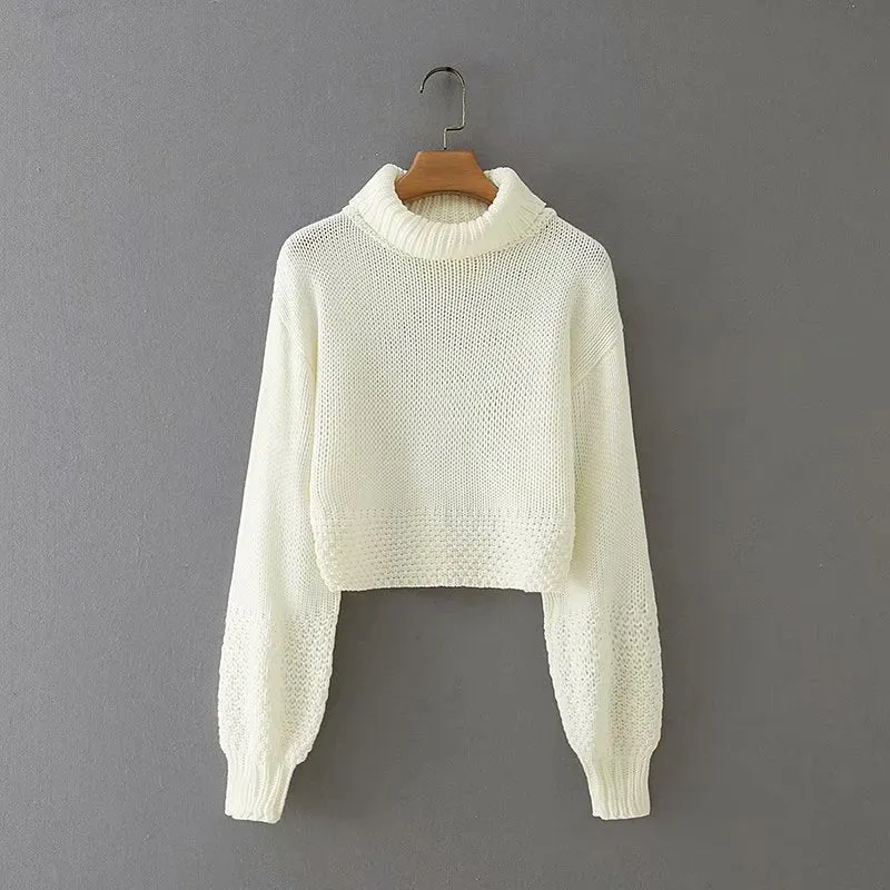 Vintage High Collar Hollow-out Lantern Sleeve Knit Sweaters