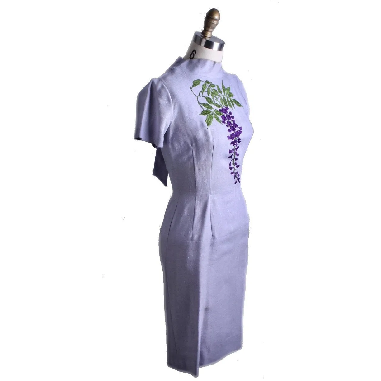 Vintage Jeane Scott Wiggle Dress 1950s Lavender Linen Wisteria Motif Womens S