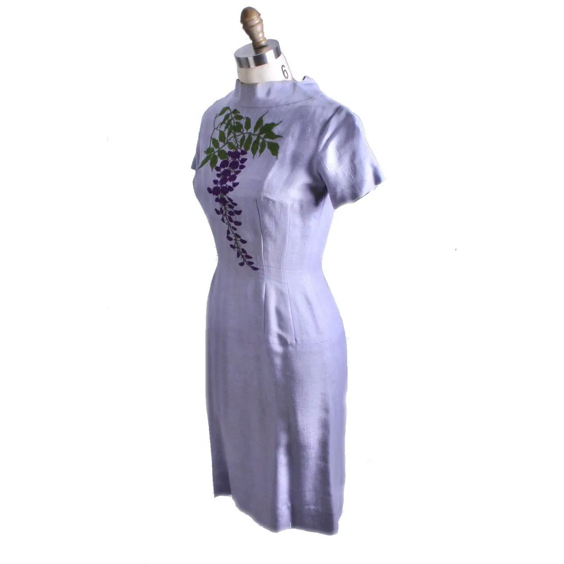Vintage Jeane Scott Wiggle Dress 1950s Lavender Linen Wisteria Motif Womens S