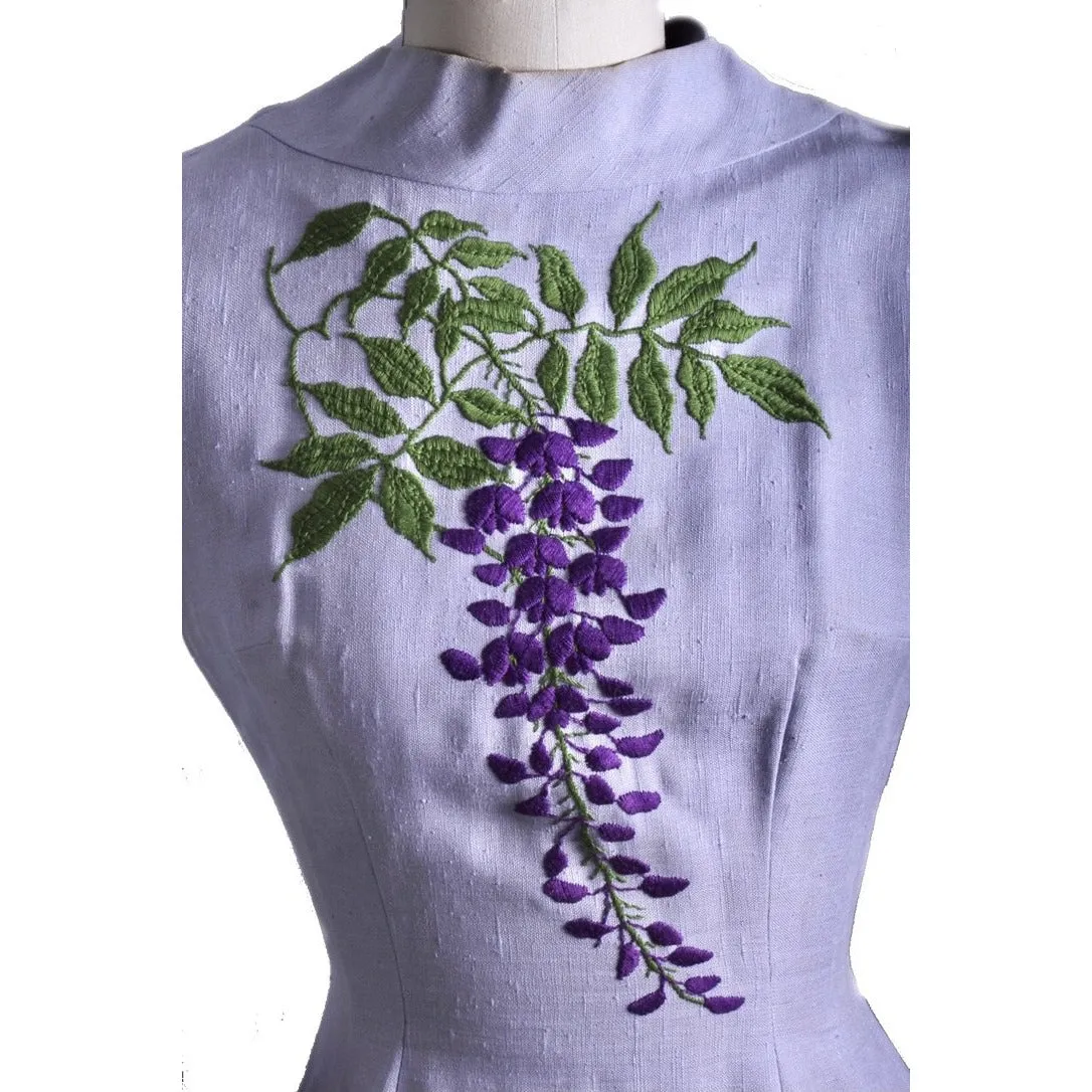 Vintage Jeane Scott Wiggle Dress 1950s Lavender Linen Wisteria Motif Womens S