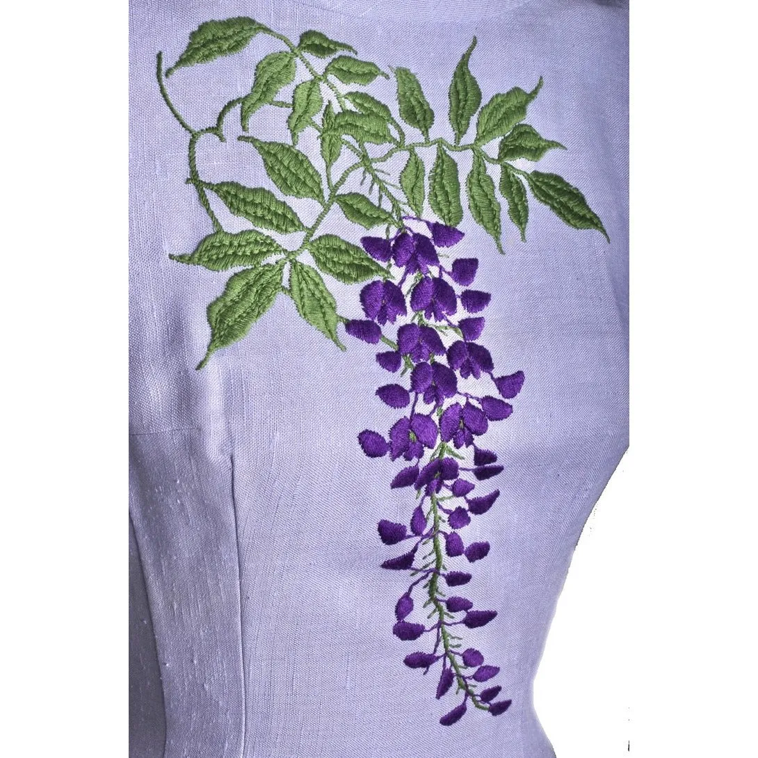 Vintage Jeane Scott Wiggle Dress 1950s Lavender Linen Wisteria Motif Womens S
