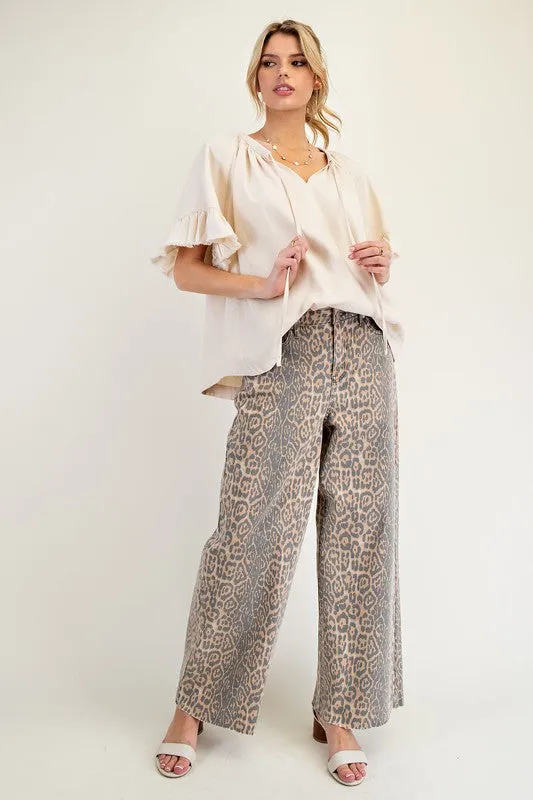 Washed Animal Print Twill Pants