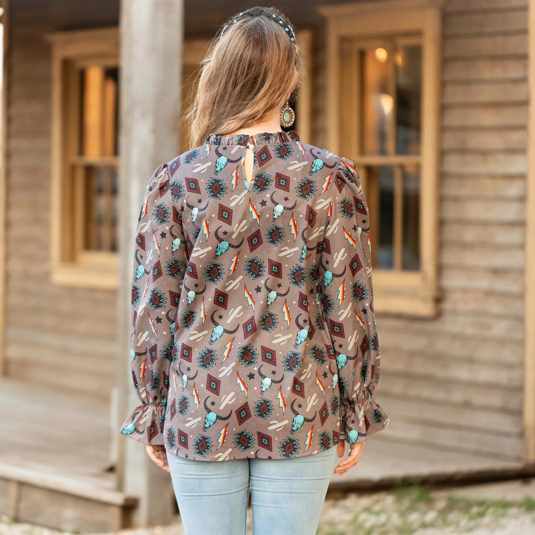 Western Print long sleeve blouse