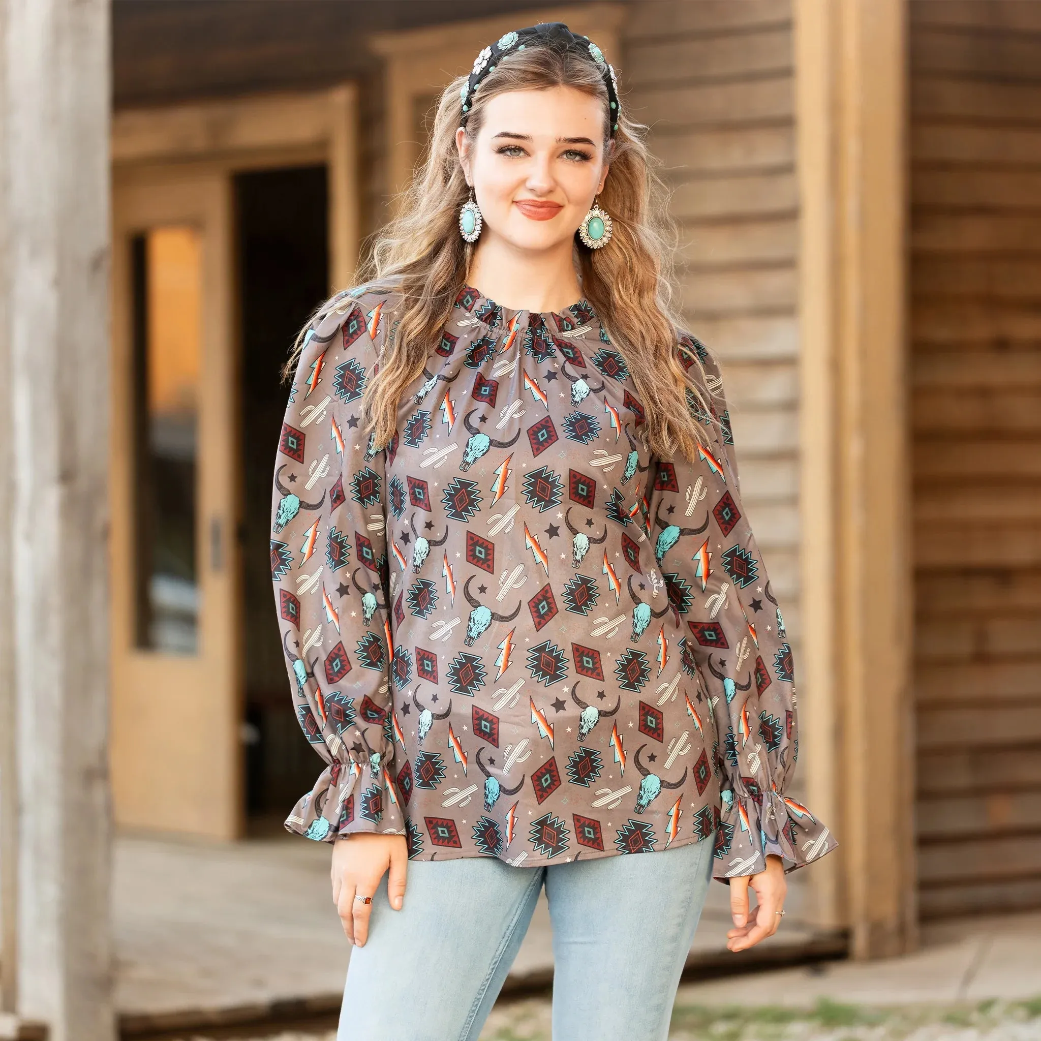 Western Print long sleeve blouse