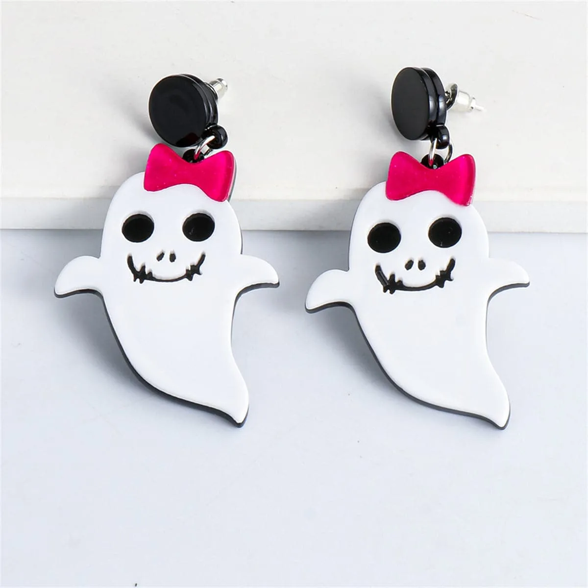 White Acrylic & Silver-Plated Bow Ghost Drop Earrings
