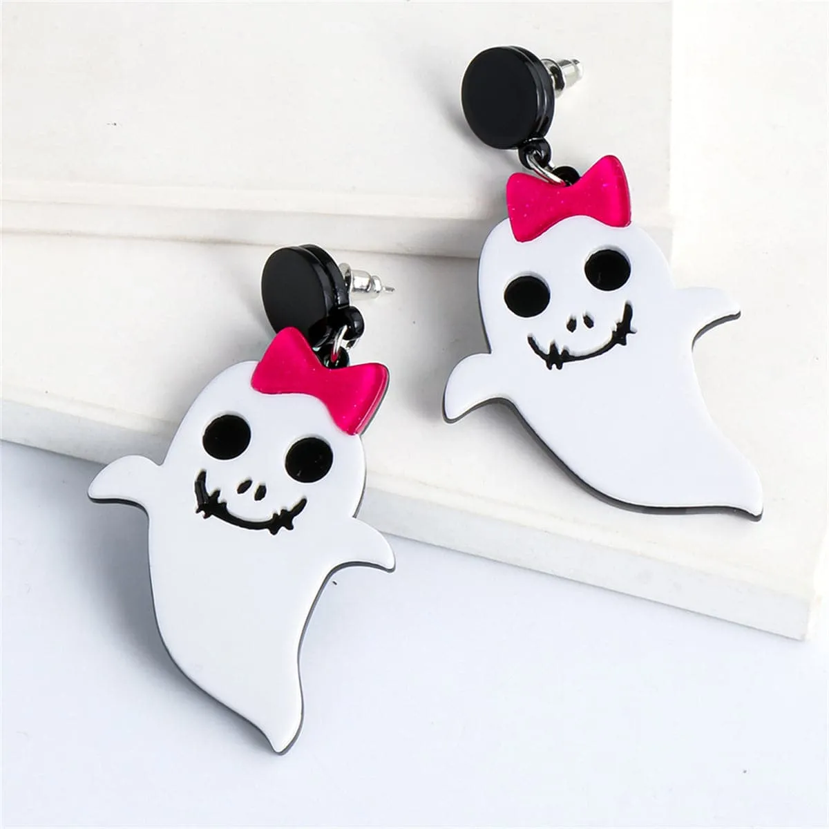 White Acrylic & Silver-Plated Bow Ghost Drop Earrings