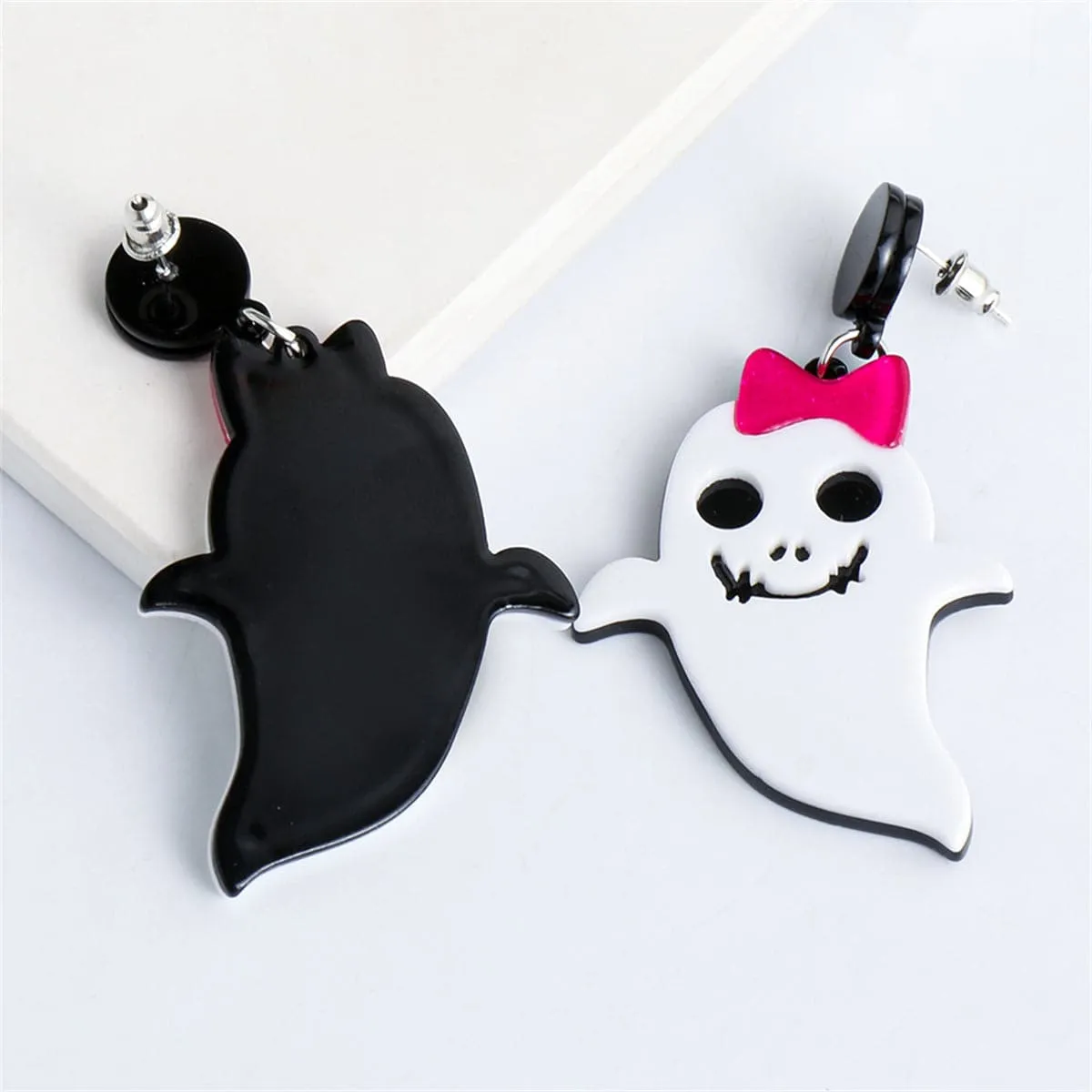 White Acrylic & Silver-Plated Bow Ghost Drop Earrings