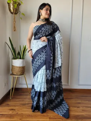 White & blue Geometry Hand Block Print MulMul Cotton Saree