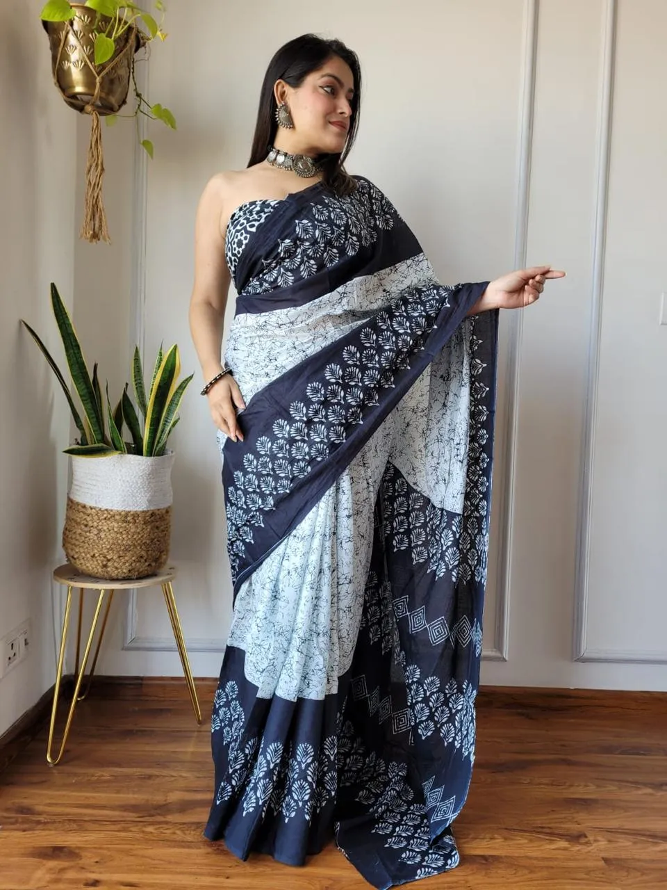 White & blue Geometry Hand Block Print MulMul Cotton Saree