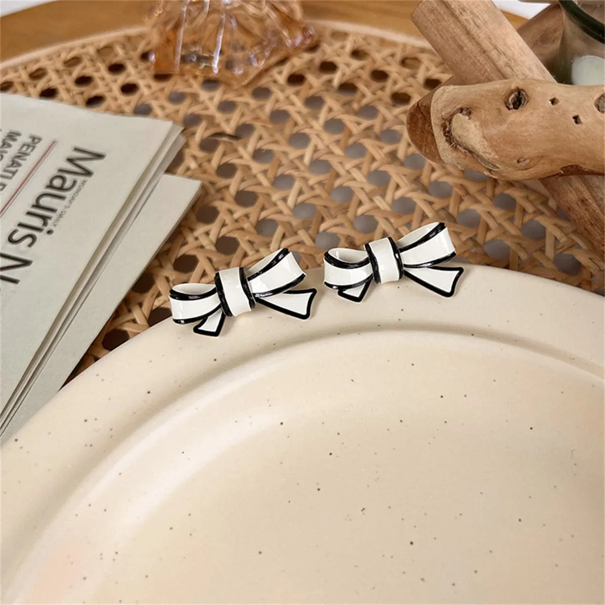 White & Silver-Plated Bow Stud Earrings